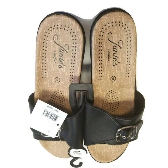 Junies Comfort Slip On Wedge Sandals Womens Size 8 Black Single Buckle - Picture 4 of 5